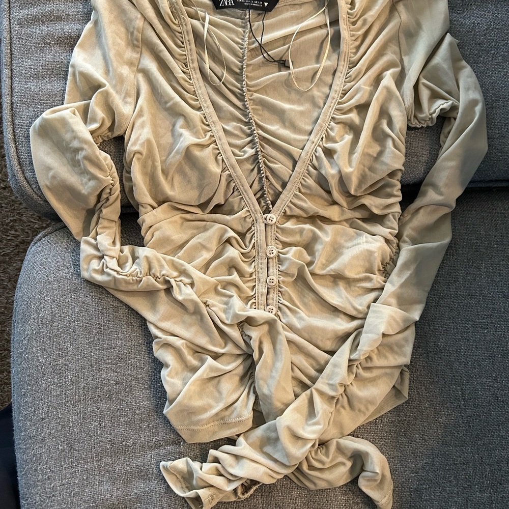 Zara Beige Ruched Long Sleeve Top